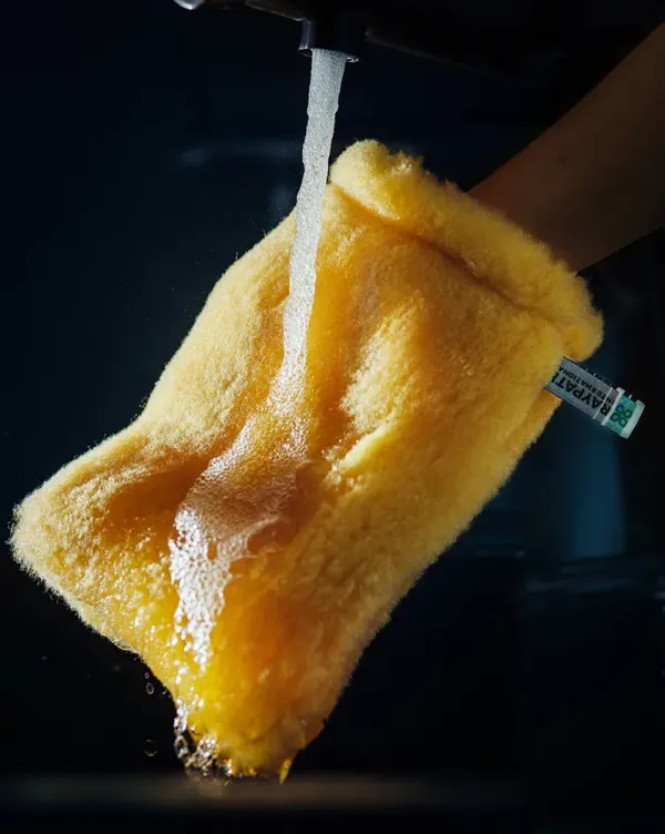 Żółta rękawica Body Cleaner Raypath płukana pod bieżącą wodą