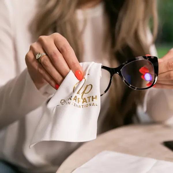 Biały Czyścik Sunbeam Optic Wipe VIP Raypath podczas polerowania soczewki okularów