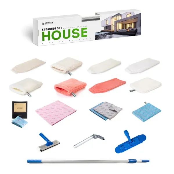 Elementy House Cleaning Set MAX R Raypath z opakowaniem, różowym ręcznikiem SPORT i systemem do podłóg oraz okien