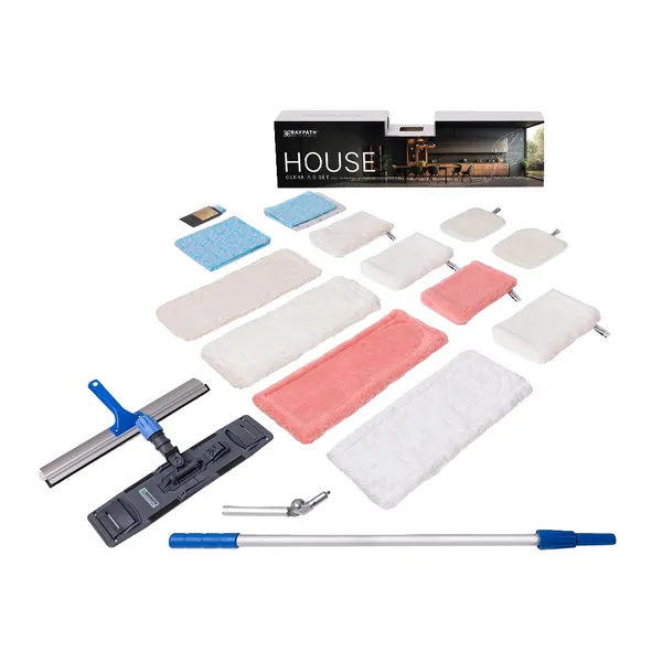 House Cleaning Set PRO Raypath z poduszkami, rękawicami, czyścikami, uchwytem, drążkiem i Ekspresem do okien