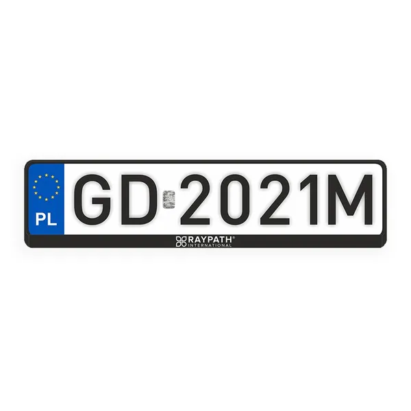 Czarna ramka pod tablicę rejestracyjną Raypath 717 z logo marki na dolnym pasku