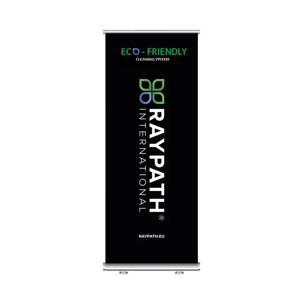 Roll Up EN Raypath 926 – czarny pionowy ekspozytor z angielskim hasłem ECO-FRIENDLY CLEANING SYSTEM