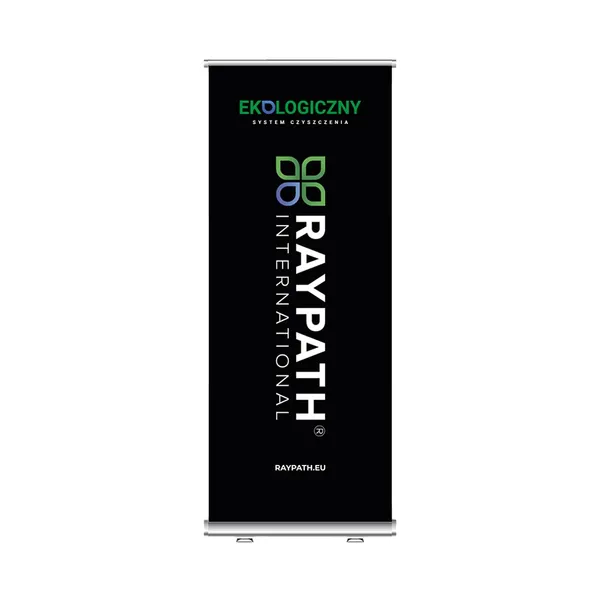 Roll Up PL Raypath – czarny pionowy ekspozytor z logo i napisem Ekologiczny system czyszczenia