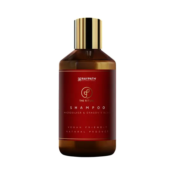 Brązowa butelka szamponu Microsilver & Dragon’s Blood Raypath 300 ml z czerwono-złotą etykietą