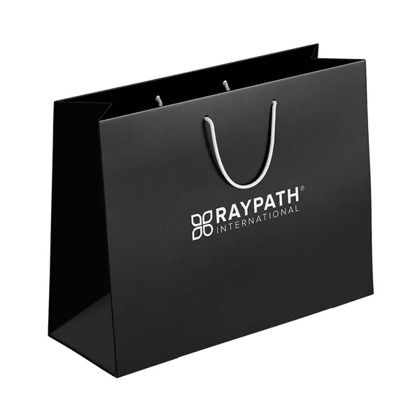 Torba laminowana Raypath – czarna torba z jasnymi sznurkowymi uchwytami i srebrno-białym logo marki