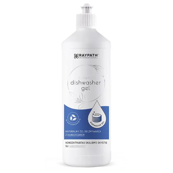 Biała butelka żelu do zmywarki 500ml Raypath z niebieskim panelem etykiety